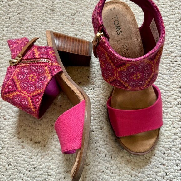 pink TOMS heeled peep-toes w/ zip closure & geometric pattern, women's size 6.5 - Picture 4 of 11